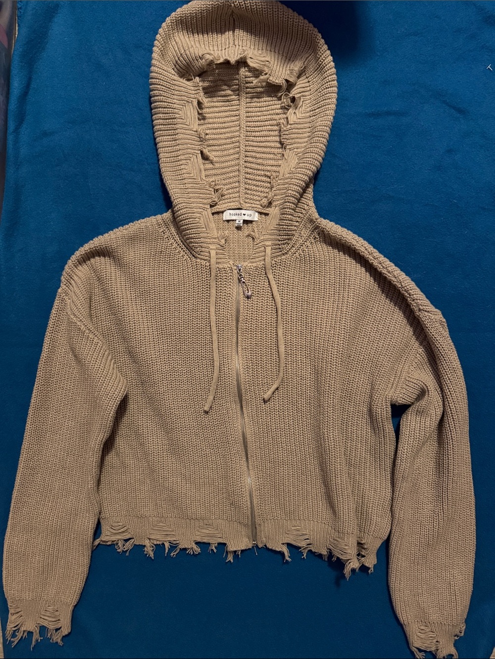 Hooked Up by IOT Distressed Knit Zip Hoodie in Beige